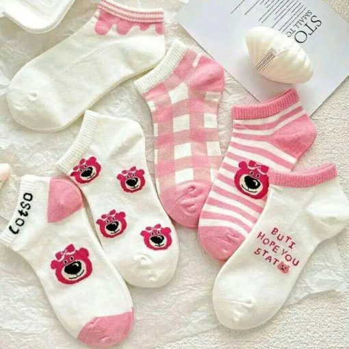 Set 5 đôi tất hoạ tiết gấu hồng Lotso dễ thương