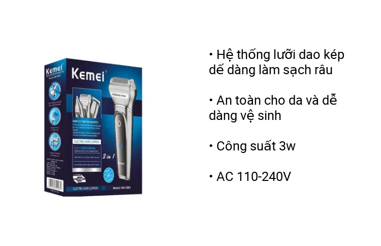 Tông Đơ Cắt Tóc Cạo Râu Tỉa Lông Mũi 3in1 Kemei KM-2003